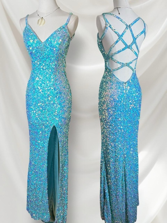 Primavera Couture Dresses & Skirts - Sequin Mermaid Evening Dress in Aqua Blue - Strappy Back